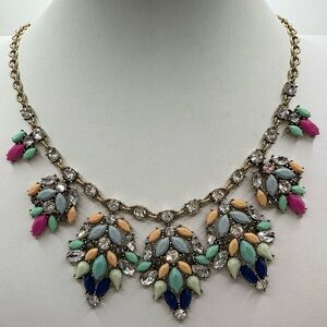 J CREW GREEN PINK RHINESTONE LARGE GOLDTONE STATEMENT NECKLACE